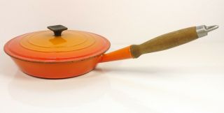 Vtg Le Creuset Cast Iron Wood Handle Flame Orange W/ Lid Fry Pan Skillet 24 Guc
