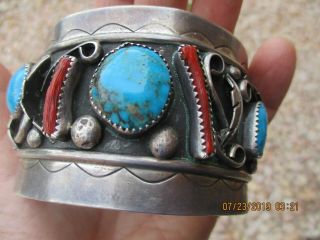 Old Pawn Native American Navajo? Signed Cuff Bracelet Turquoise Coral 95 Grams
