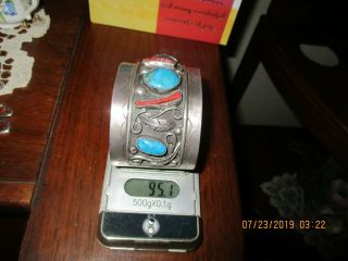OLD PAWN NATIVE AMERICAN NAVAJO? SIGNED CUFF BRACELET TURQUOISE CORAL 95 grams 2