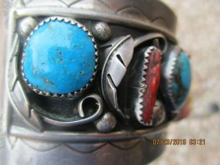 OLD PAWN NATIVE AMERICAN NAVAJO? SIGNED CUFF BRACELET TURQUOISE CORAL 95 grams 5