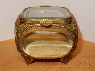 Vintage Brass & Beveled Glass Jewelry Casket Trinket Box Dresser Container