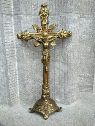 Vinage France Altar Standing Pedestal Brass Ornate Cross Crucifix Jesus Christ