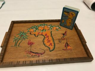Vintage Florida Souvenir Wood Tray & Playing Cards Circa 50’s - 60’s Map Alligator