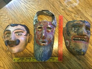 3 Mexican Spaniard Carved Wood Devil Dance Masks - Good Patina