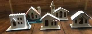 5 Vtg Japan Cardboard Mica Putz Christmas Village Church Coconut Glitter Houses