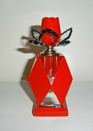 Rare Deco Vintage Heavy Crystal Jack Of Diamonds Perfume Bottle - Red Rose Top