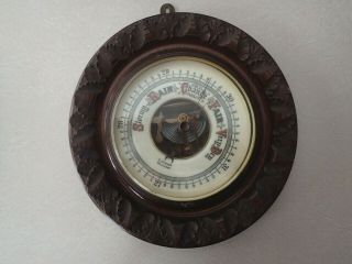Vintage Antique Ornate Wood Hand Carved Barometer Beveled Glass 9 "