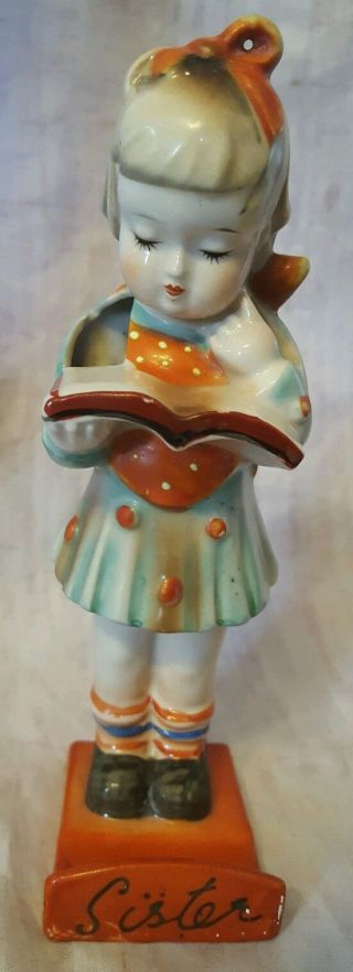 Vintage Ceramic Adorable Young Girl Reading A Book Toothbrush Holder - Japan