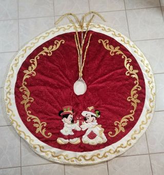 Disney Mickey Minnie Christmas Tree Skirt Rare Plush Gold Gilt 50 " Stunning
