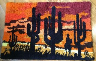 Vintage Latch Hook Rug Wall Hanging Art Cowboy Western Cactus Sunset 38 " ×26 "