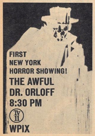 1966 Wpix Tv Movie Ad The Awful Dr.  Orloff 1st York Horror Showing Scary