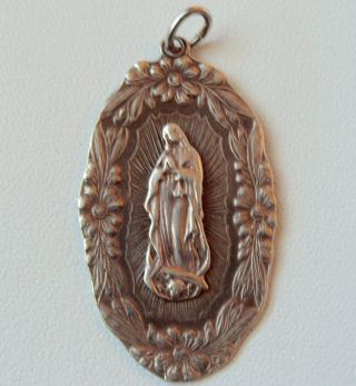 Antique Our Lady Of Guadeloupe Surrounded By Flowers Sterling Silver Medal