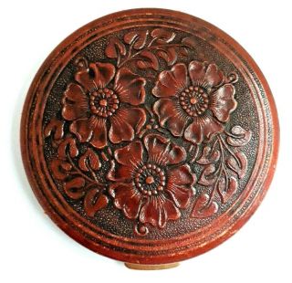 Vintage Rex Fifth Avenue Brow Leather Flapjack Compact With Embossed Flowers.