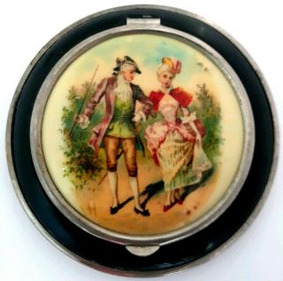 Vintage Art Deco Black Enameled Compact With Hand Painted Victorian Couple.  See