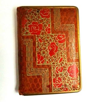 Vintage Art Deco Figural Leather Book Shaped Vanity Compact W/red & Green Enamel