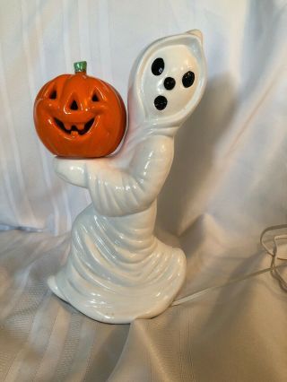 Vintage Ceramic Ghost Pumpkin Jack O Lantern Halloween Light 2 Pc 13”
