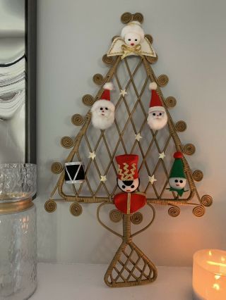 Vintage Wicker Rattan Christmas Tree With Handmade Santa Angel Soldier Curls 2