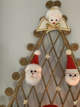 Vintage Wicker Rattan Christmas Tree With Handmade Santa Angel Soldier Curls 4
