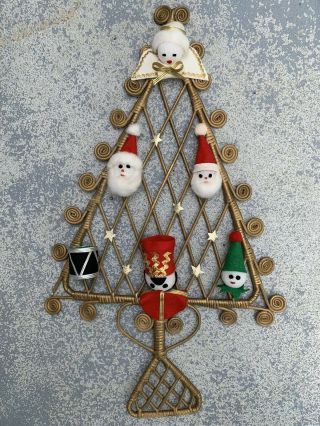 Vintage Wicker Rattan Christmas Tree With Handmade Santa Angel Soldier Curls 7