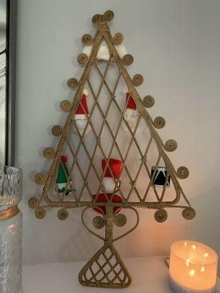 Vintage Wicker Rattan Christmas Tree With Handmade Santa Angel Soldier Curls 8