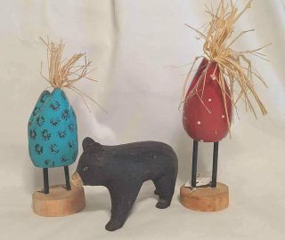 TWO Old VTG Carved Wood NATIVE NAVAJO Chickens FOLK ART & BLACK BEAR - Signed 1 4