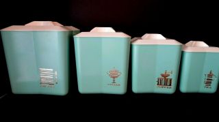 Vintage 50s Aqua Kitchen Canisters Set Flour Sugar Coffee Tea Plastic