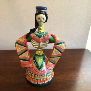 Vintage Day Of The Dead Candlestick Holder 8” By 4” Mexico