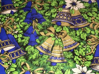 Vtg Christmas Wrapping Paper Gift Wrap 1960 Gold Blue Green Bells And Holly