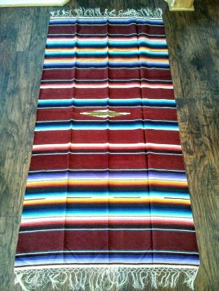 Vtg Gorgeous Mexican Saltillo Serape Hand Woven Blanket Runner Rug Mat 40x78 Euc