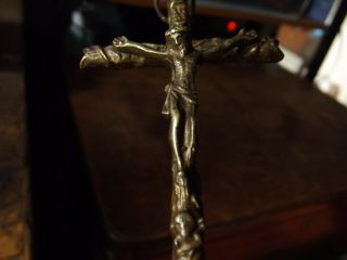 Large Antique Bronze Pectoral Cross - Crucifix Wood Decor W/skull & Crossbone 19th