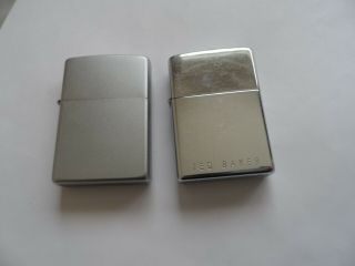 2 Vintage Zippo Lighters Brushed Chrome Finish And Ted Baker.  Uk Bidders Only.