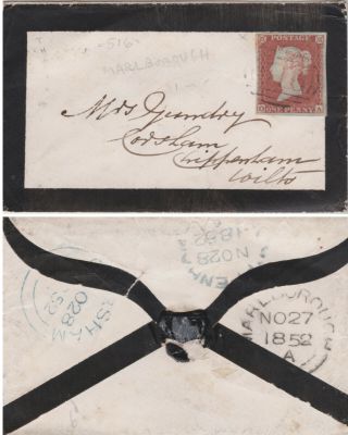 1852 Qv Marlborough Mourning Cover With 1d Penny Red Stamp Sent To Chippenham