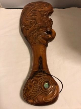 Maori Zealand Carved Wood Club Abalone Eyes Cord
