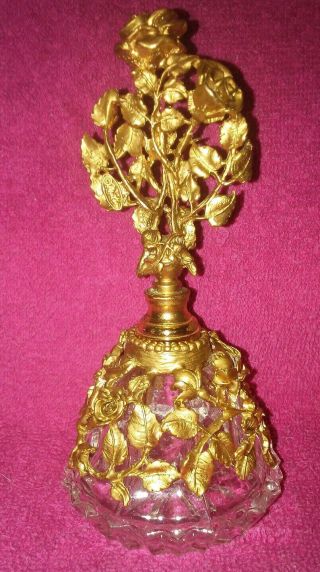 Vintage Mid Century Matson Gold Ormolu Perfume Bottle Rose Pattern Marked