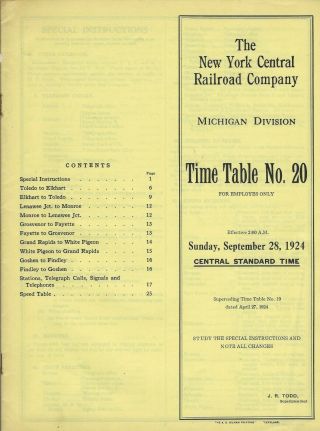 1924 York Central Railroad Company Michigan Division Employee Time Table
