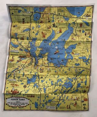 1959 Leech Lake Northern Minnesota Walker Brochure Cartoon Map Vintage Cabin