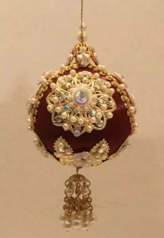 Vintage June Zimonick Beaded Christmas Ornament Elaborate Burgundy Gold Pearls