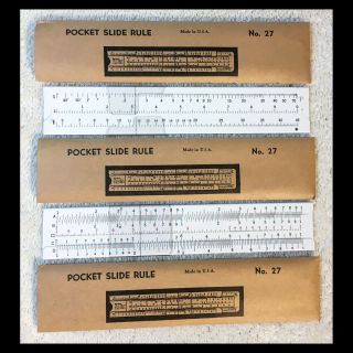 Five (5) 1950s C - Thru Ruler Co.  Pocket Slide Rule No.  27 - Complete Package