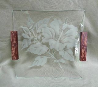 Vintage Frank Oda Etched Glass Tray With Handles Hibiscus Hale Pua Hawaiian Arts