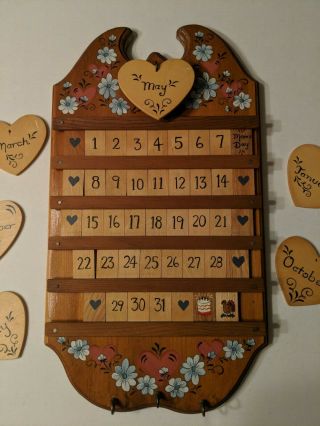 Handpainted Wood Perpetual Calendar Hearts 3 Hooks Complete Number Set