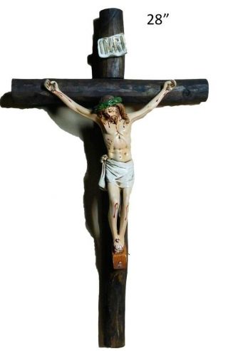 28 " Wall Crucifx Round Wood Jesus Christ Cross,  Crucifijo Hecho En Mexico White