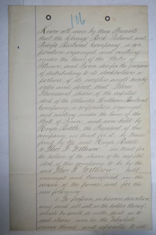 Chicago/rock Island/pacific Rr Shareholder Dist. ,  1880,  Signed Pres/asstsec