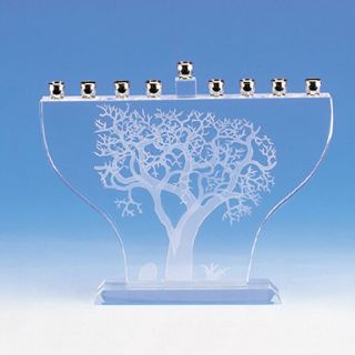Jewish Hanukkah Crystal Menorah Tree Of Life Design,  6.  75 " High,  7.  25 " Long