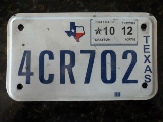 License Plate Texas Motorcycle License Plate 7 " X 4 " Bike Plate Yr: 2012