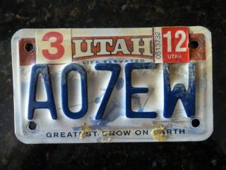 License Plate Utah Motorcycle License Plate 7 " X 4 " Bike Plate Yr: 2012
