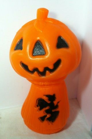Vintage Halloween Blow Mold Light Pumpkin Jack O Lantern With Witch On Broom
