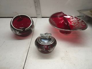 3 Piece Vintage Ruby Red Sterling On Crystal Glass Lighter Ashtray Dish Orb Rare