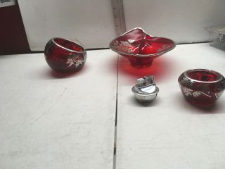 3 Piece VINTAGE RUBY RED STERLING ON CRYSTAL GLASS LIGHTER ASHTRAY DISH ORB RARE 8
