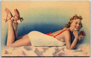 1940s Pin - Up Girl Postcard Blond Girl Beach White Bathing Suit Mwm Linen Ab511