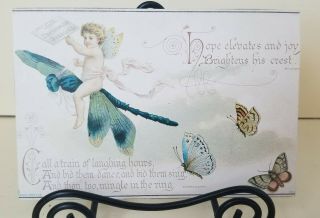 Antique Victorian Christmas Greeting Card Marcus Ward & Co Fairy Dragonfly